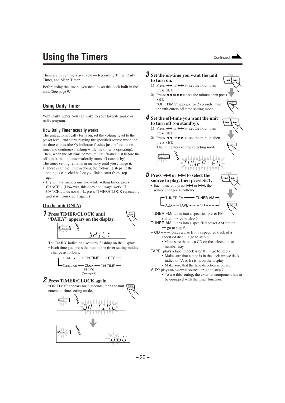 JVC MX-J50 manual Using the Timers, Using Daily Timer 