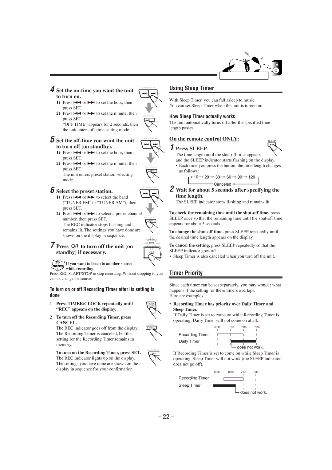 JVC MX-J50 manual Using Sleep Timer, Timer Priority 