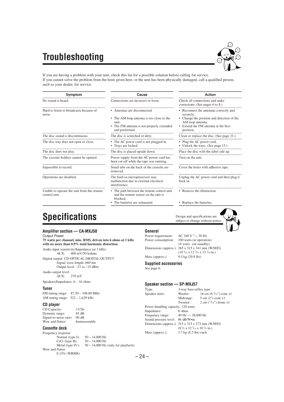 JVC MX-J50 manual Troubleshooting 