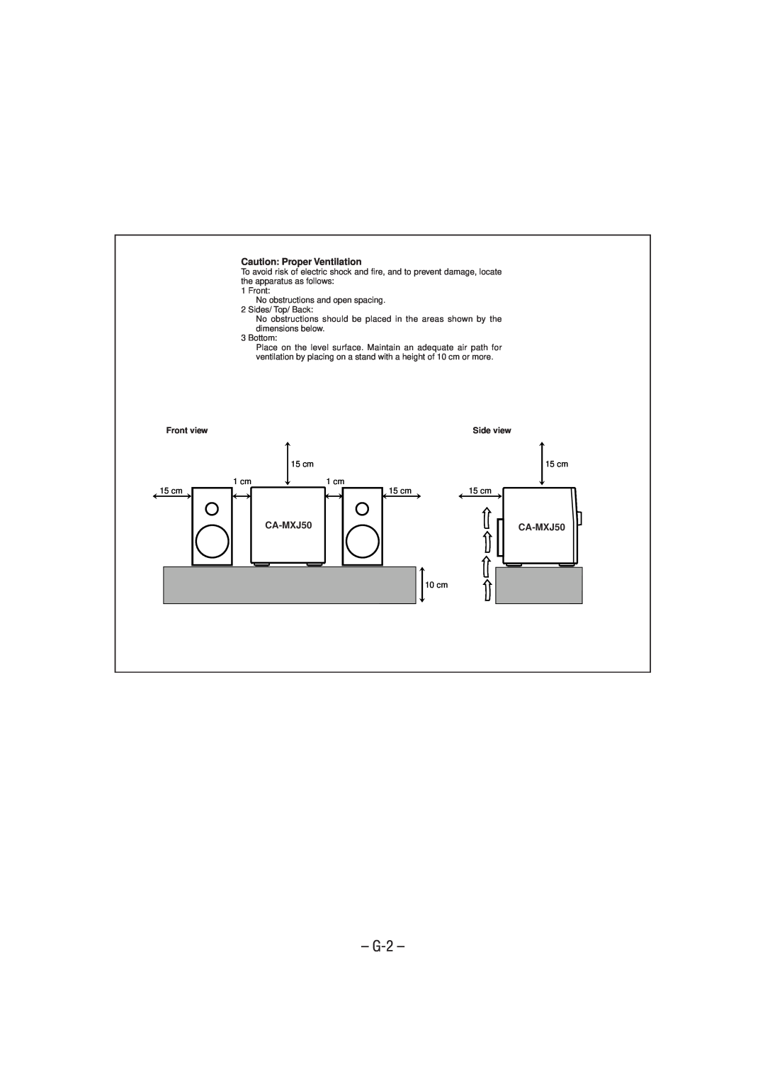 JVC MX-J50 manual G-2, Caution Proper Ventilation, CA-MXJ50, Front view, Side view 