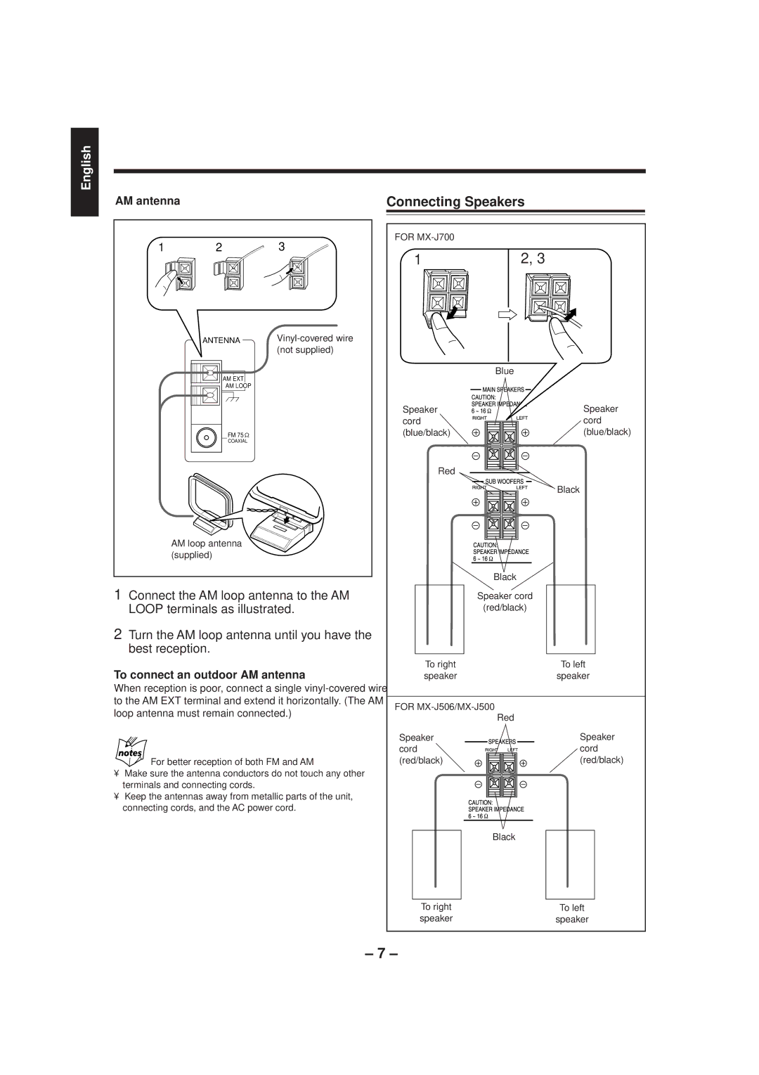 JVC MX-J500 manual Connecting Speakers, To connect an outdoor AM antenna, For better reception of both FM and AM 