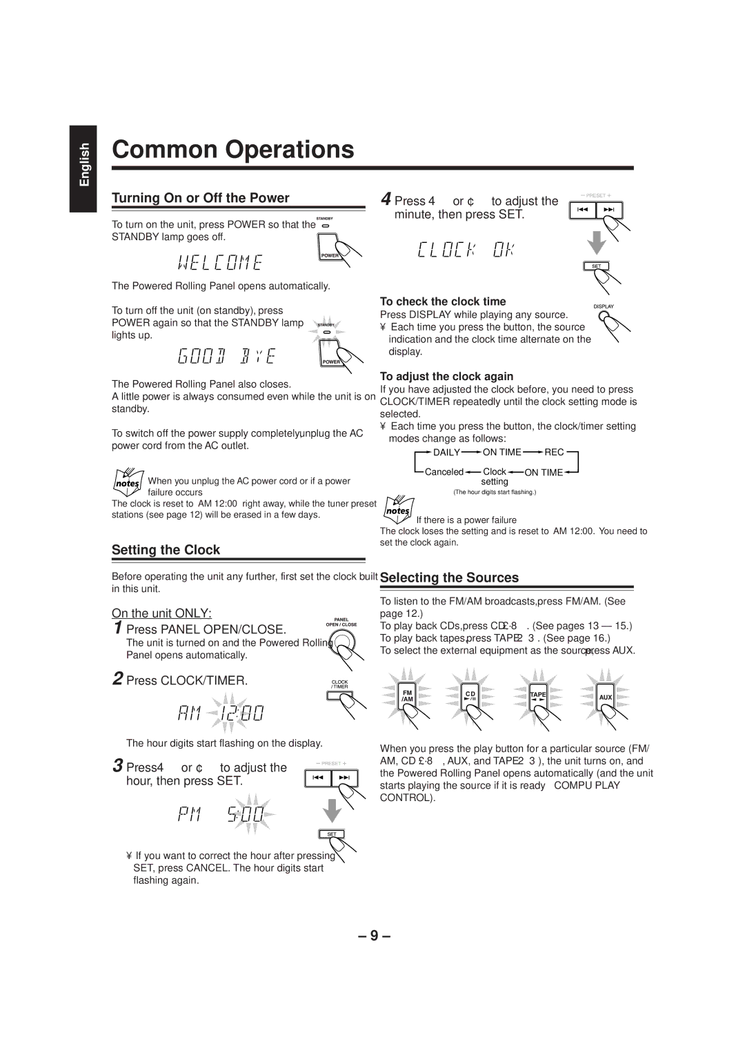 JVC MX-J500 manual Common Operations, Turning On or Off the Power, Setting the Clock, Selecting the Sources 