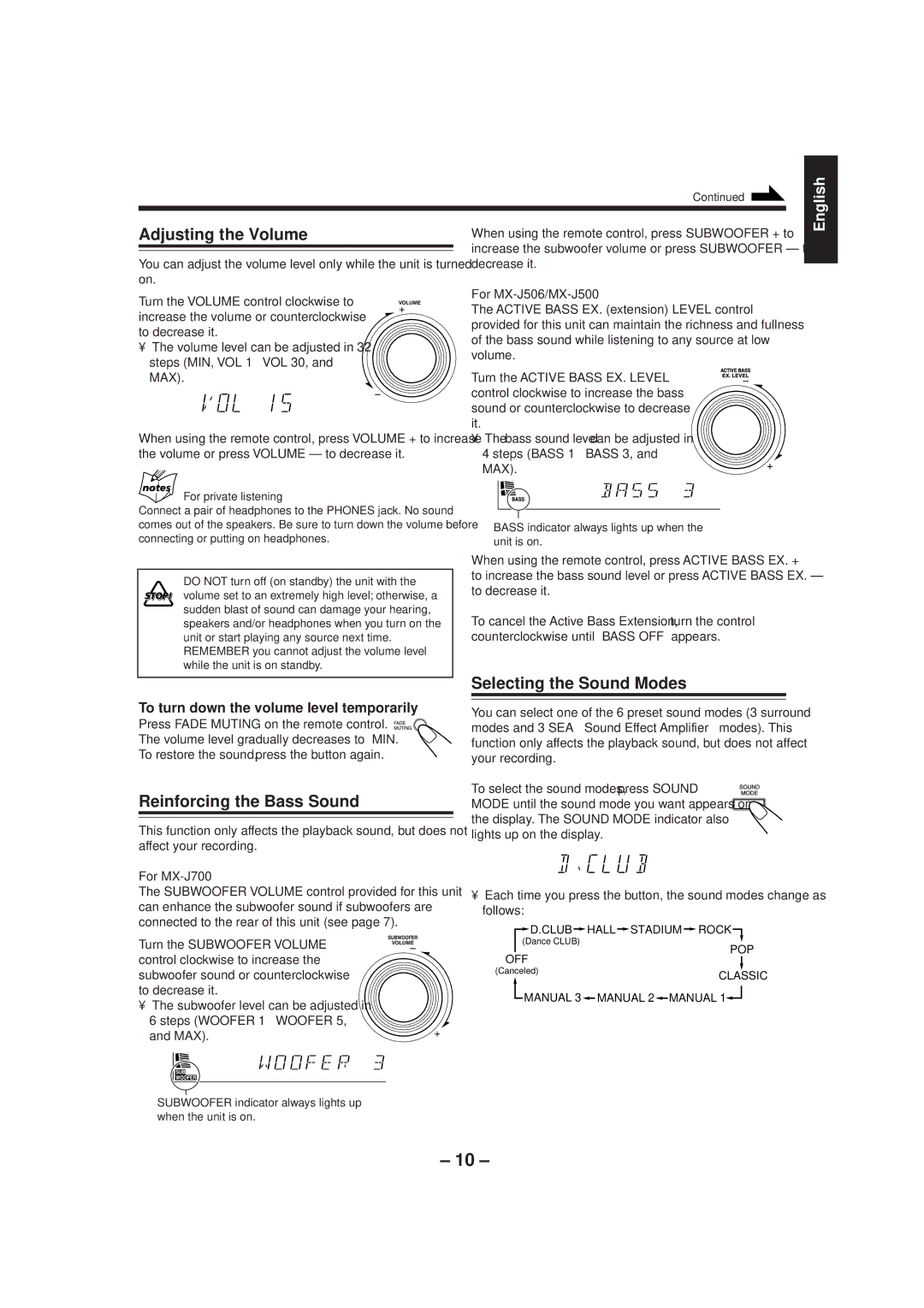 JVC MX-J500 manual Adjusting the Volume, Reinforcing the Bass Sound, Selecting the Sound Modes 