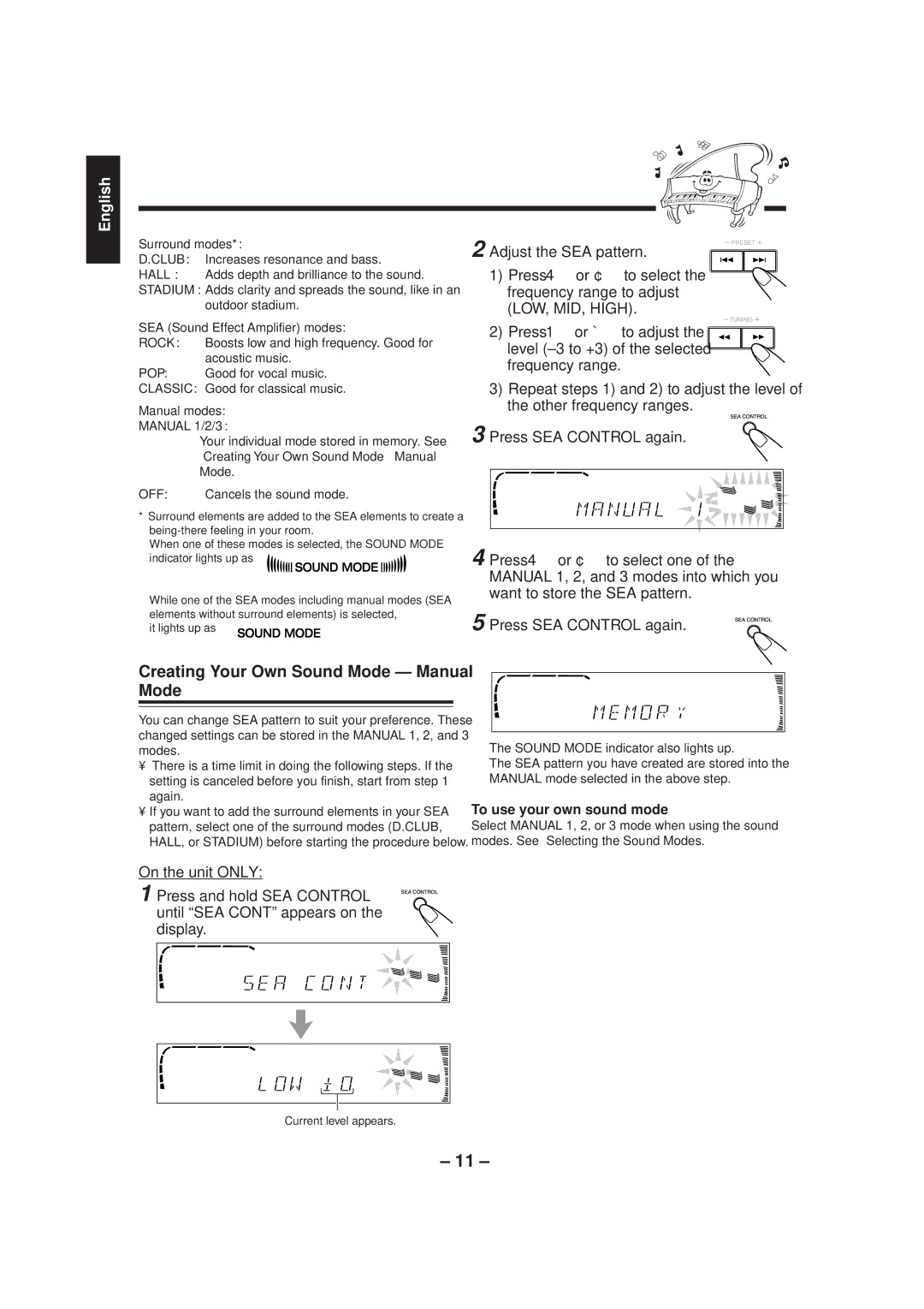 JVC MX-J500 manual Creating Your Own Sound Mode Manual Mode, To use your own sound mode, Surround modes 