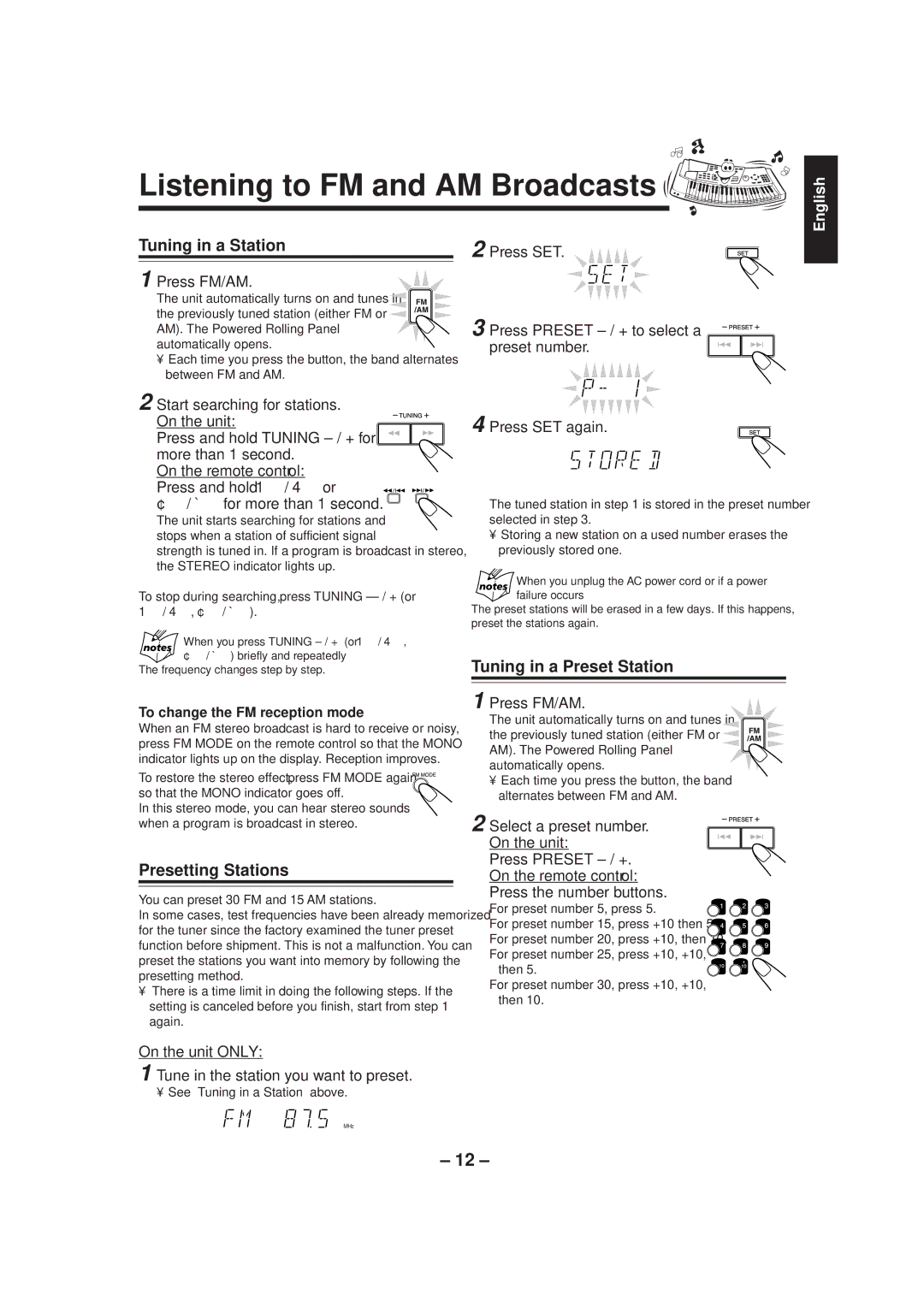 JVC MX-J500 manual Listening to FM and AM Broadcasts, Tuning in a Station, Presetting Stations, Tuning in a Preset Station 