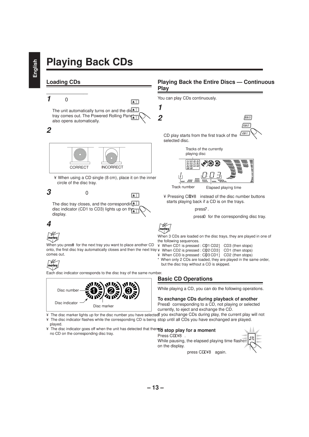 JVC MX-J500 manual Playing Back CDs, Loading CDs, Playing Back the Entire Discs Continuous Play, Basic CD Operations 