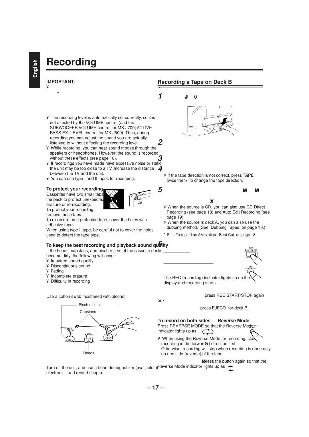 JVC MX-J500 manual Recording a Tape on Deck B, To protect your recording, To record on both sides Reverse Mode 