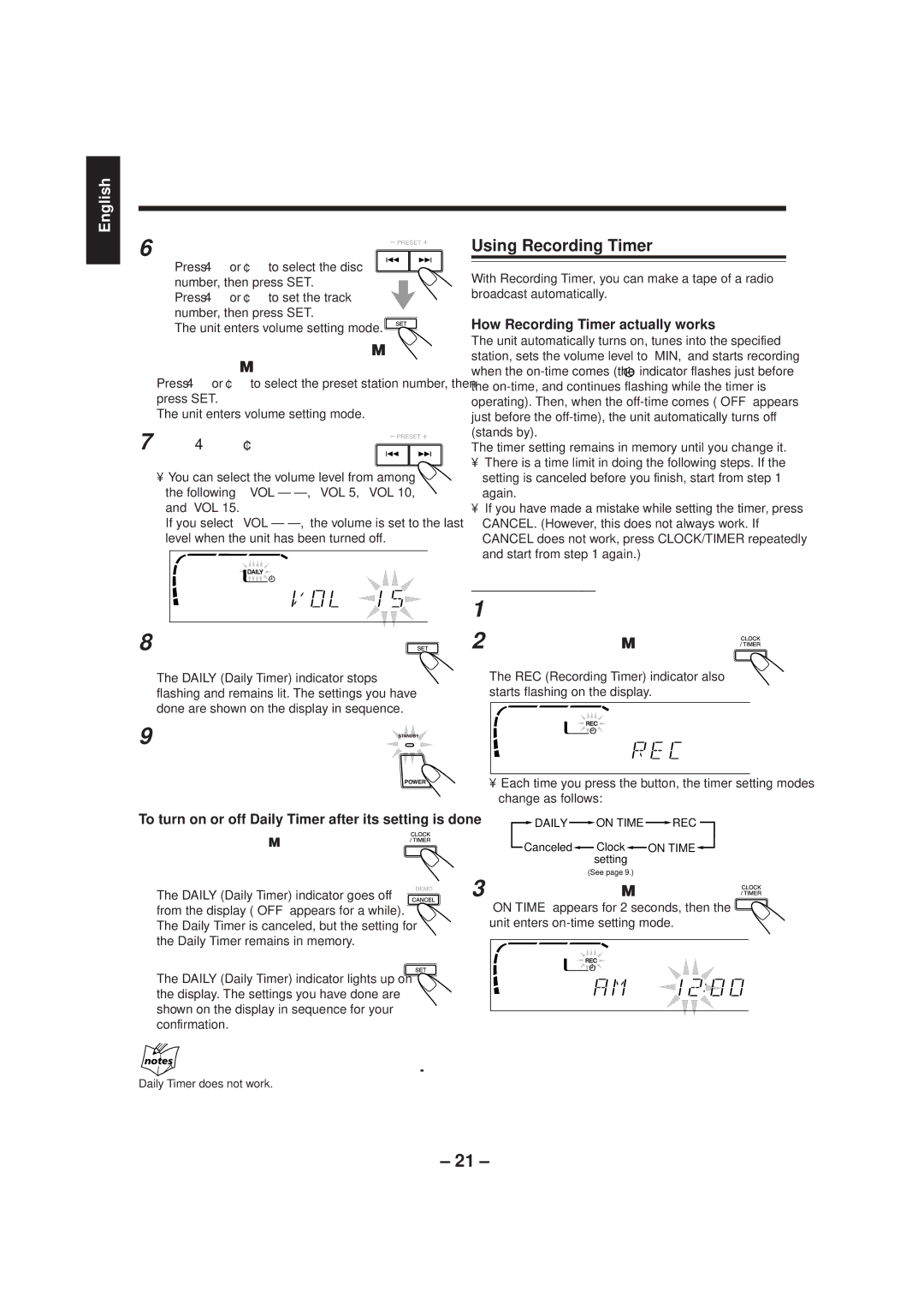 JVC MX-J500 manual Using Recording Timer, When selecting CD, When selecting Tuner FM or Tuner AM 