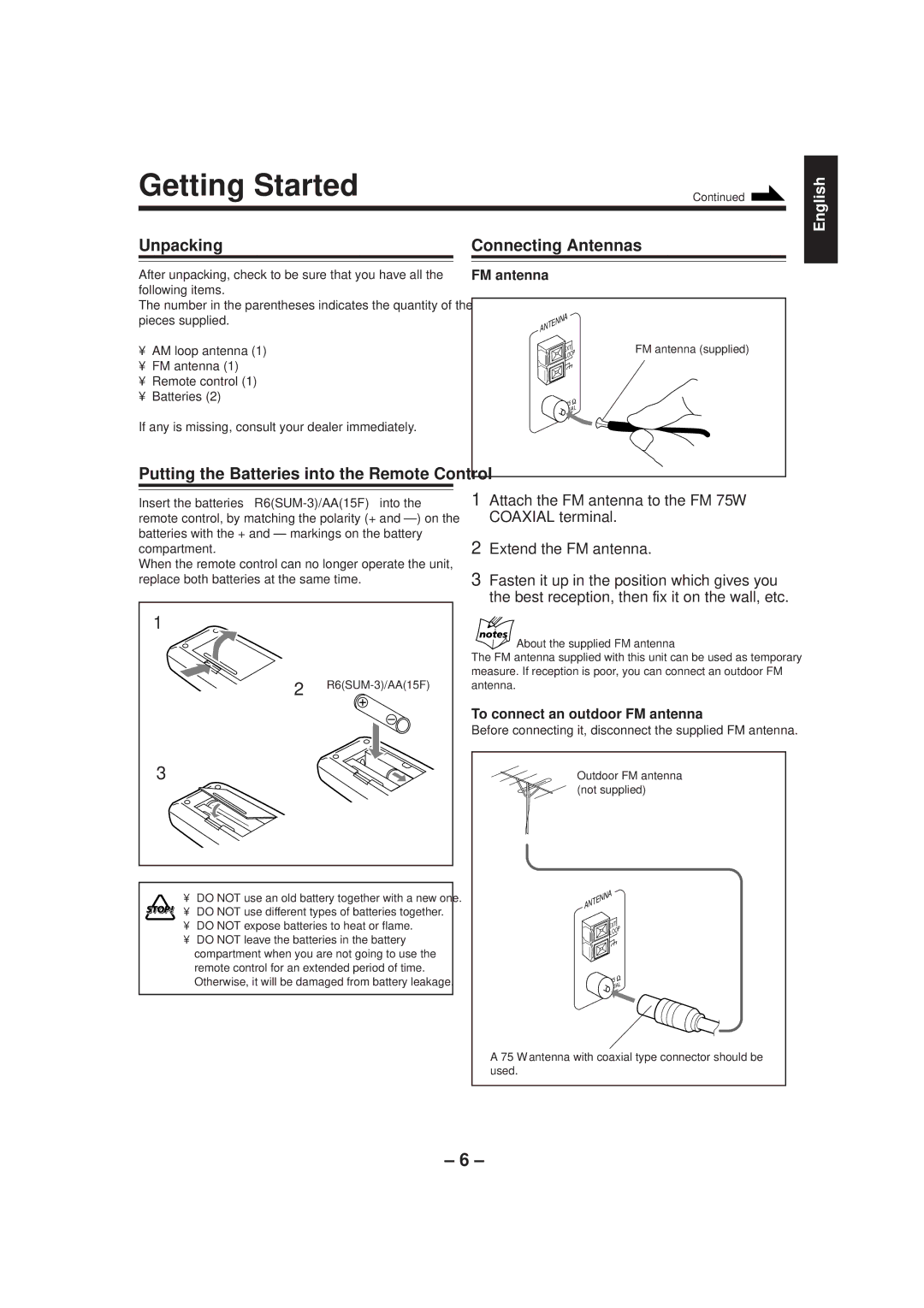 JVC MX-J500 manual Getting Started, Unpacking Connecting Antennas 