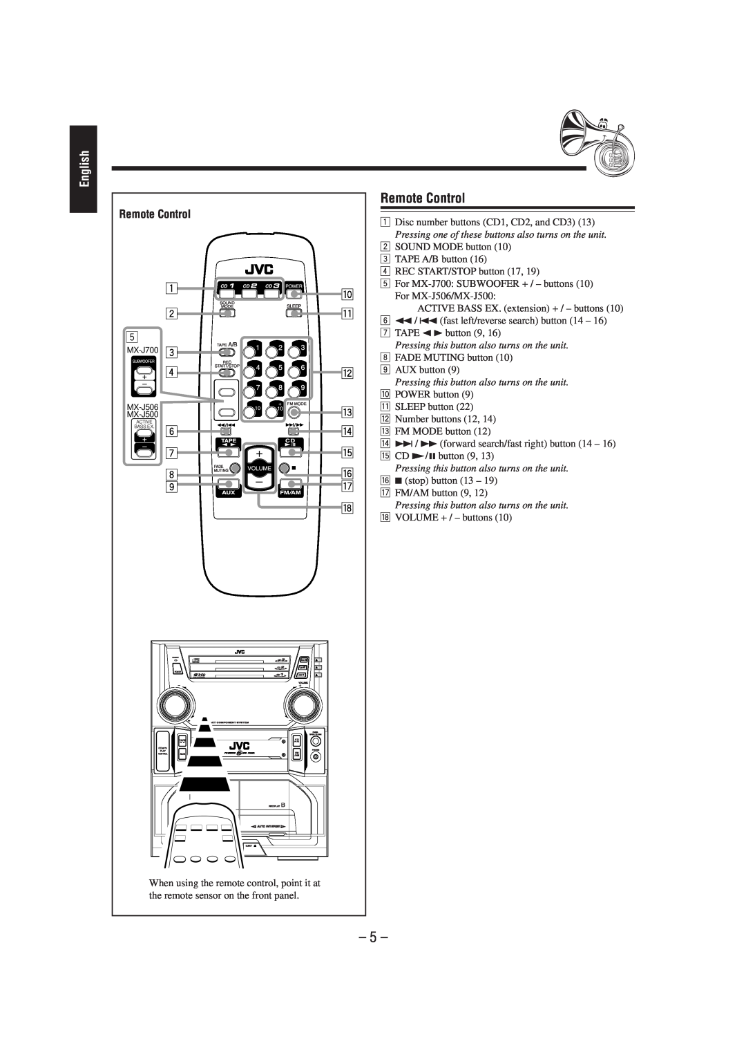 JVC MX-J500 manual Remote Control, English 