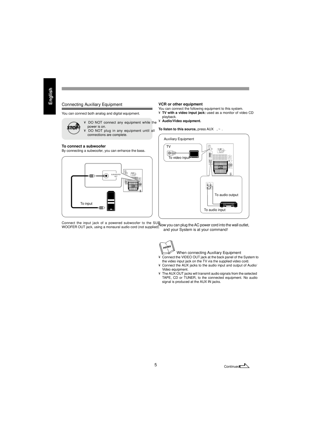 JVC MX-J585V, MX-J555V manual Connecting Auxiliary Equipment, VCR or other equipment, To connect a subwoofer 