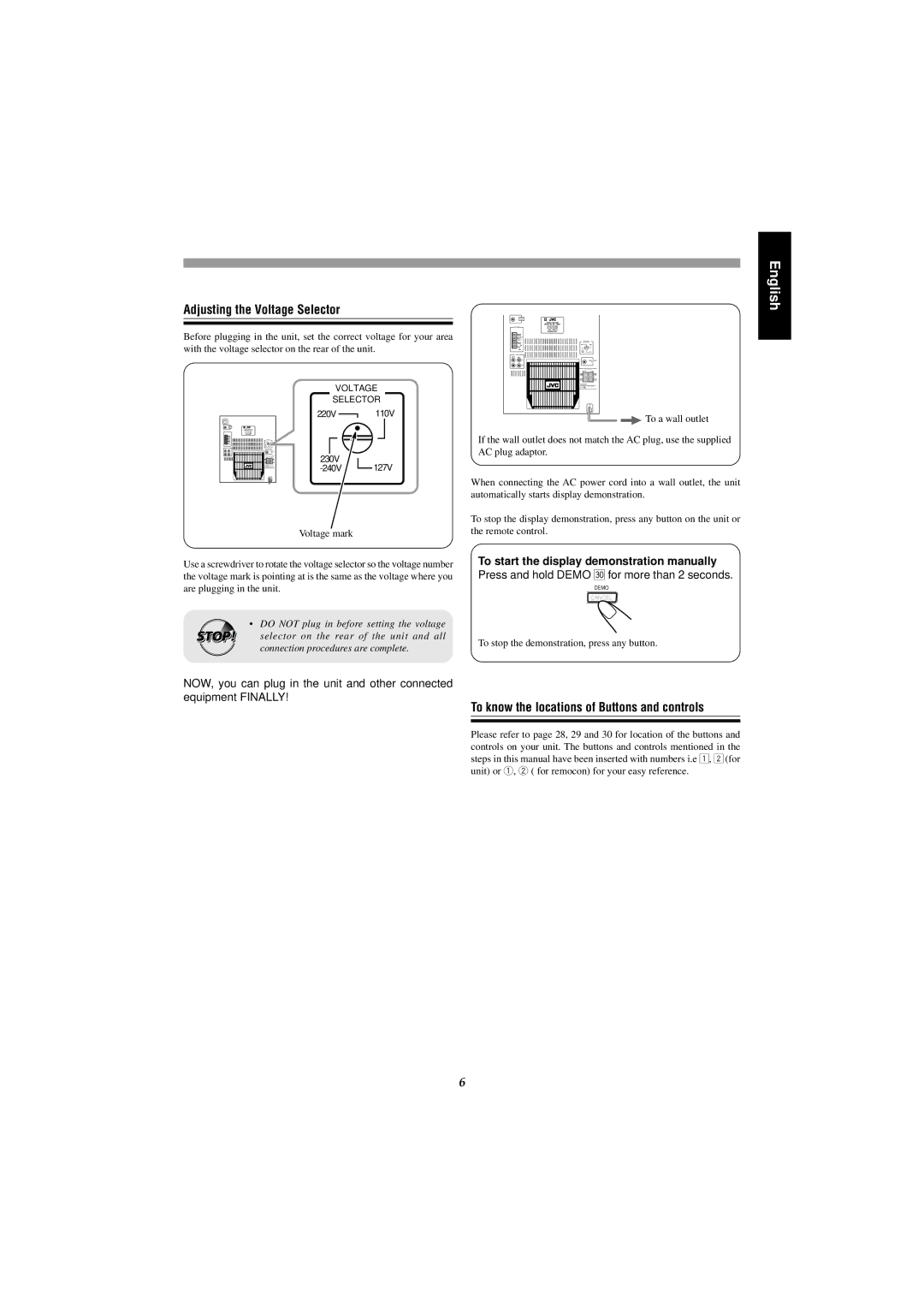 JVC MX-J555V, MX-J585V manual Adjusting the Voltage Selector, To know the locations of Buttons and controls 