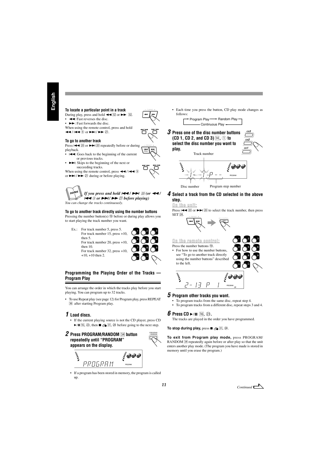 JVC MX-J585V manual CD 1, CD 2, and CD 3 r, 1 to, Programming the Playing Order of the Tracks Program Play, Load discs 