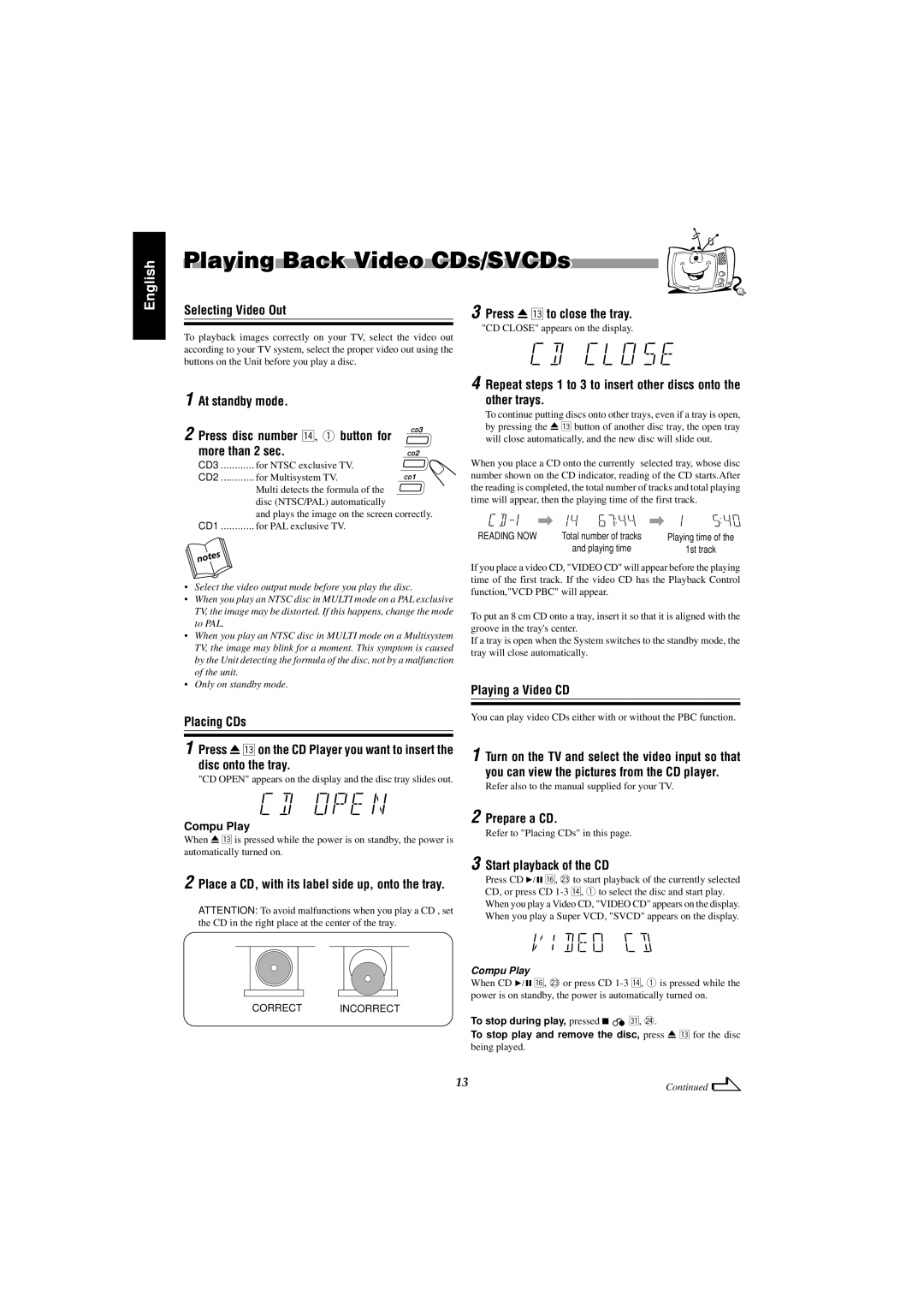 JVC MX-J585V, MX-J555V manual Playing Back Video CDs/SVCDs 