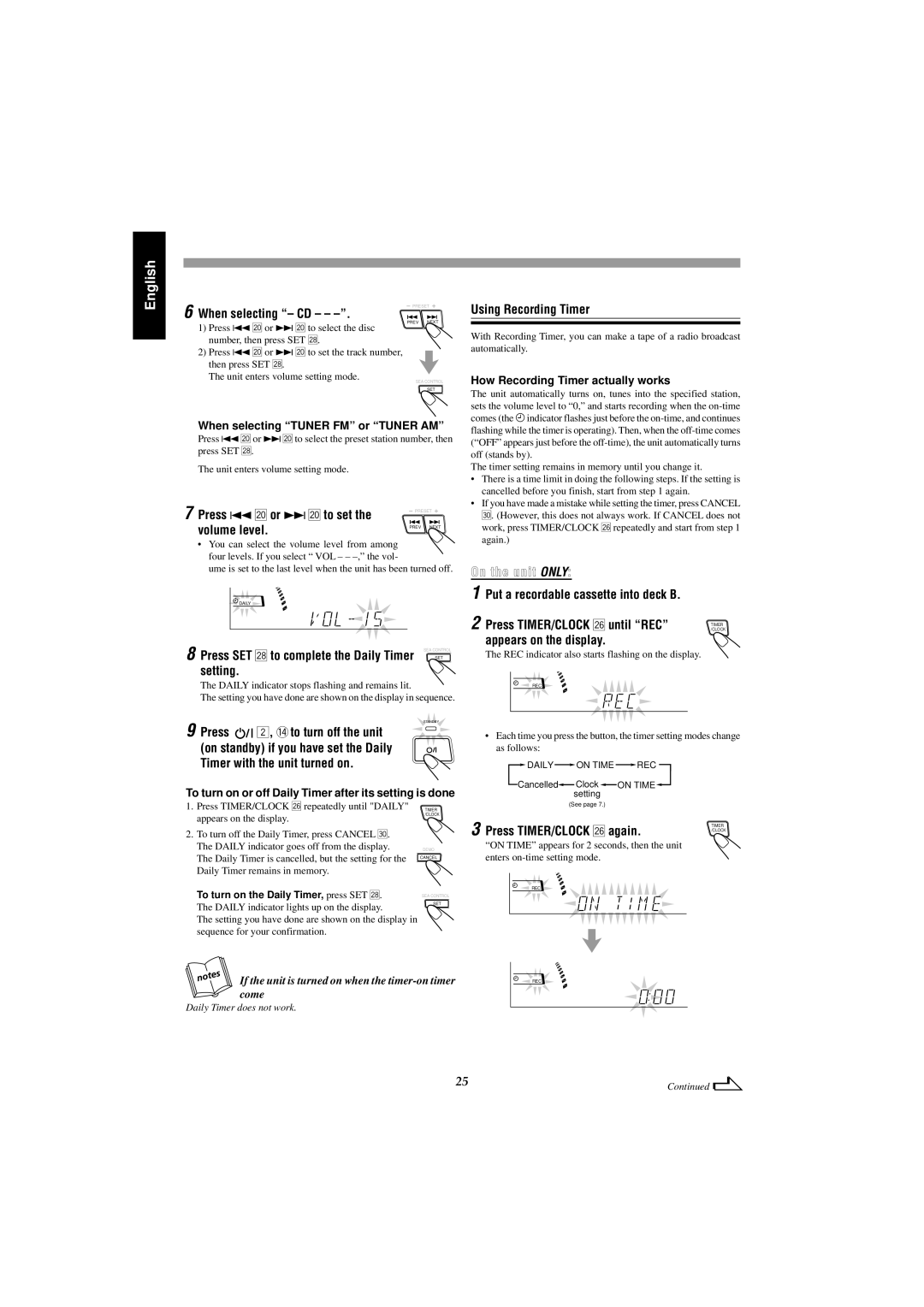 JVC MX-J585V, MX-J555V manual When selecting CD, Press 4 or ¢ to set, Volume level, Setting, Using Recording Timer 