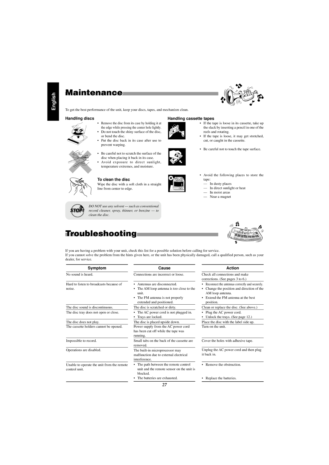 JVC MX-J585V, MX-J555V manual Maintenance, Troubleshooting 