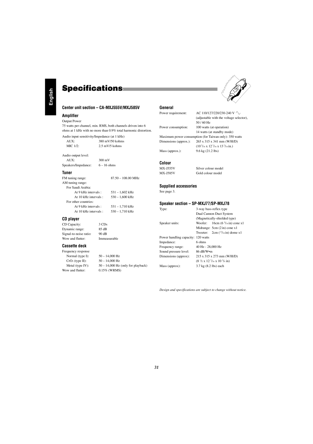 JVC MX-J585V, MX-J555V manual Specifications 