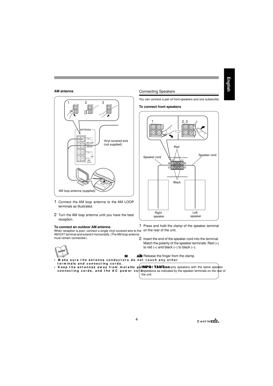 JVC MX-J555V, MX-J585V manual Connecting Speakers, To connect front speakers, To connect an outdoor AM antenna 