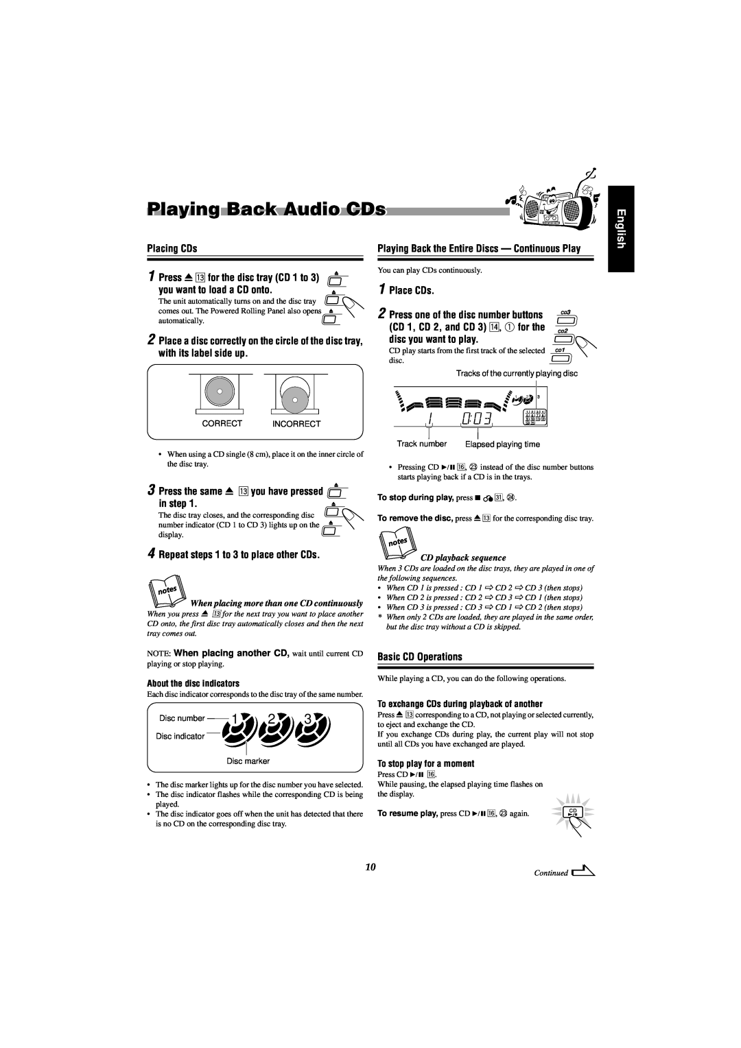 JVC MX-J555V Playing Back Audio CDs, English, Placing CDs, Playing Back the Entire Discs - Continuous Play, Place CDs 