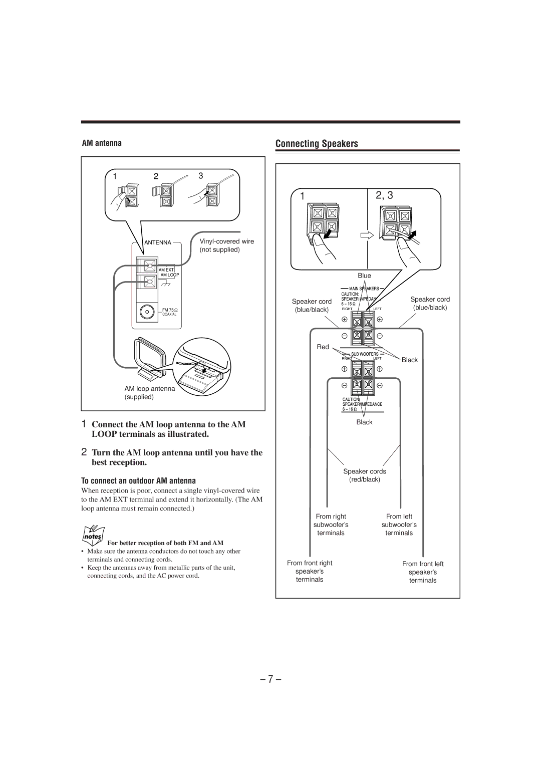 JVC MX-J900 manual Connecting Speakers, To connect an outdoor AM antenna, For better reception of both FM and AM 