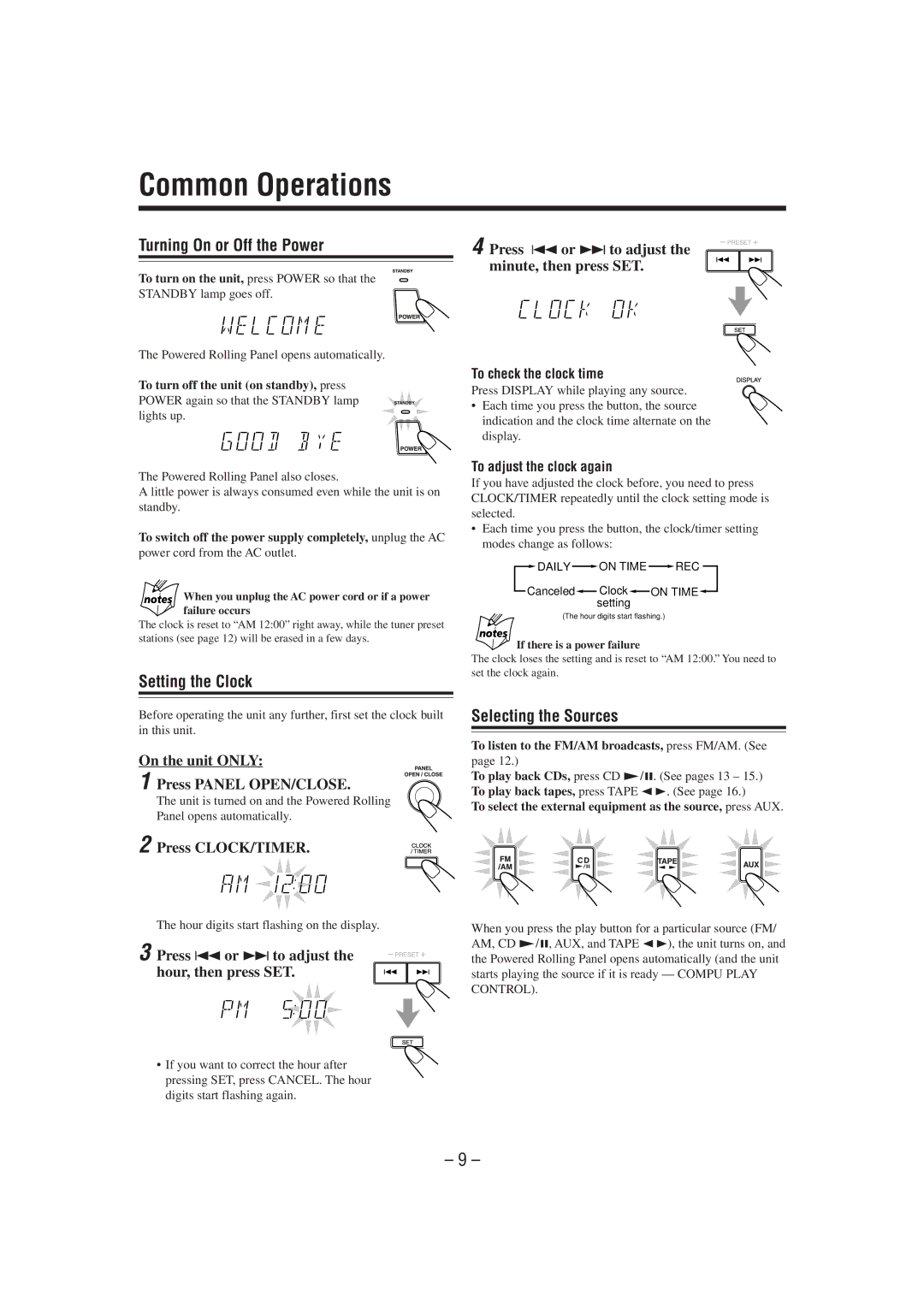 JVC MX-J900 manual Common Operations, Turning On or Off the Power, Setting the Clock, Selecting the Sources 