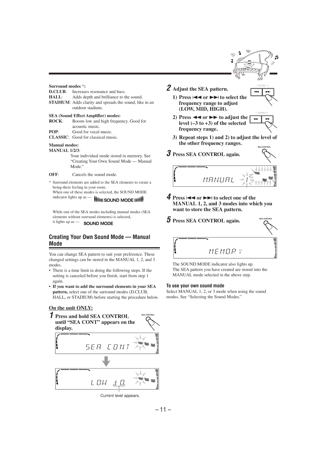 JVC MX-J900 manual Creating Your Own Sound Mode Manual Mode, To use your own sound mode, Surround modes 