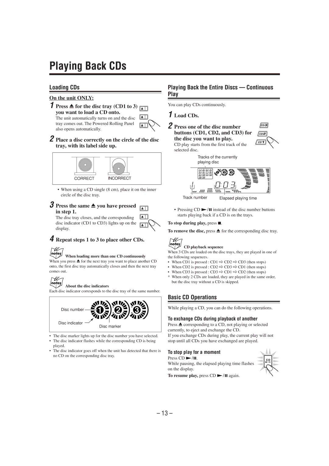 JVC MX-J900 manual Playing Back CDs, Loading CDs, Playing Back the Entire Discs Continuous Play, Basic CD Operations 