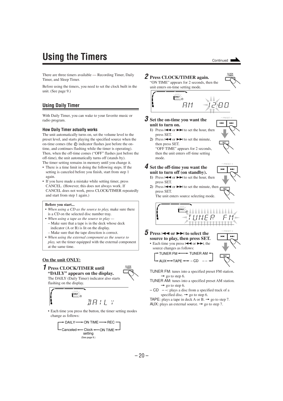 JVC MX-J900 manual Using the Timers, Using Daily Timer 