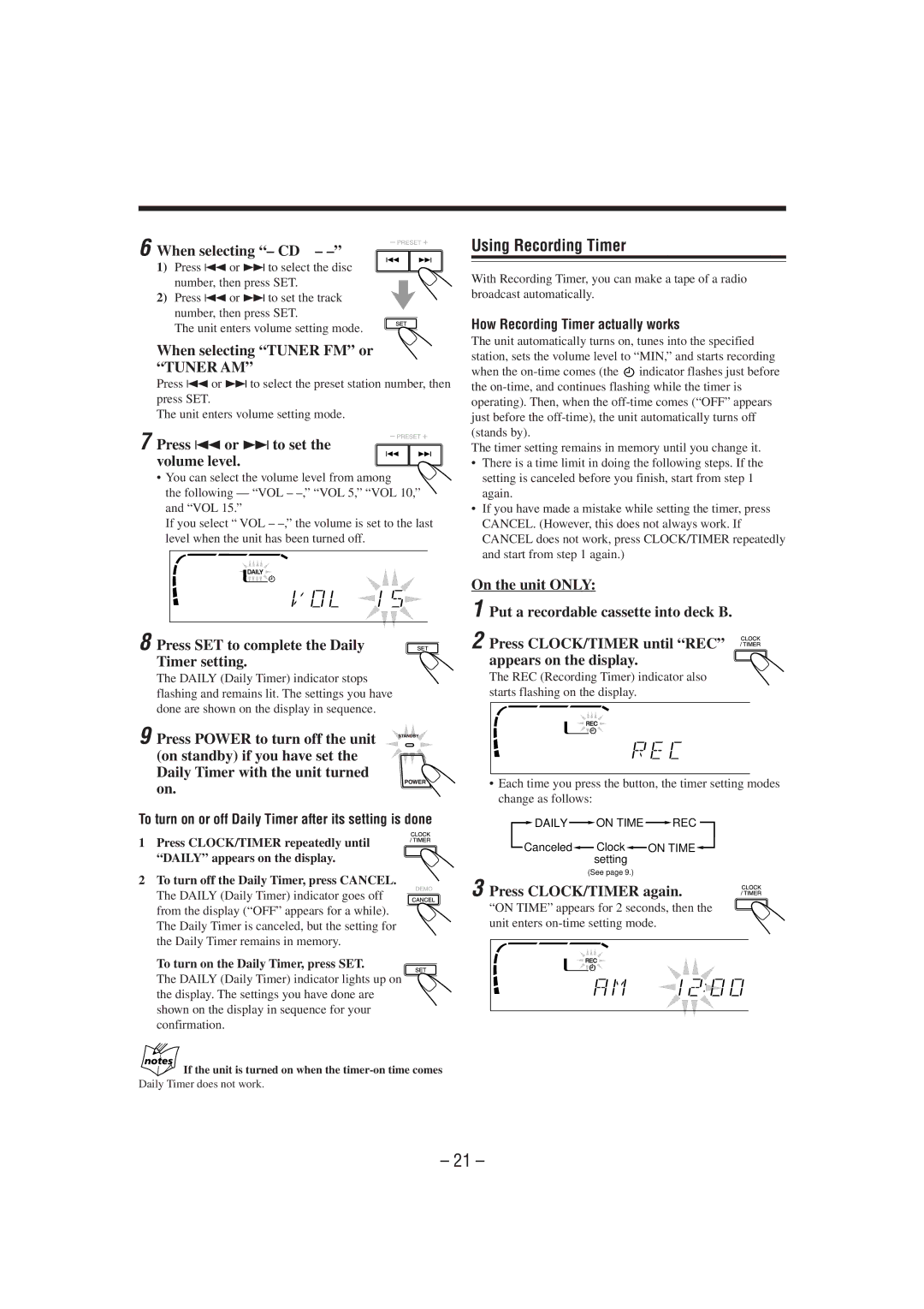 JVC MX-J900 manual Using Recording Timer, When selecting CD, When selecting Tuner FM or Tuner AM 