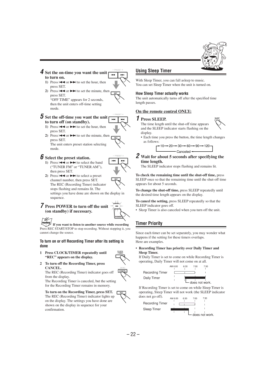 JVC MX-J900 manual Using Sleep Timer, Timer Priority 