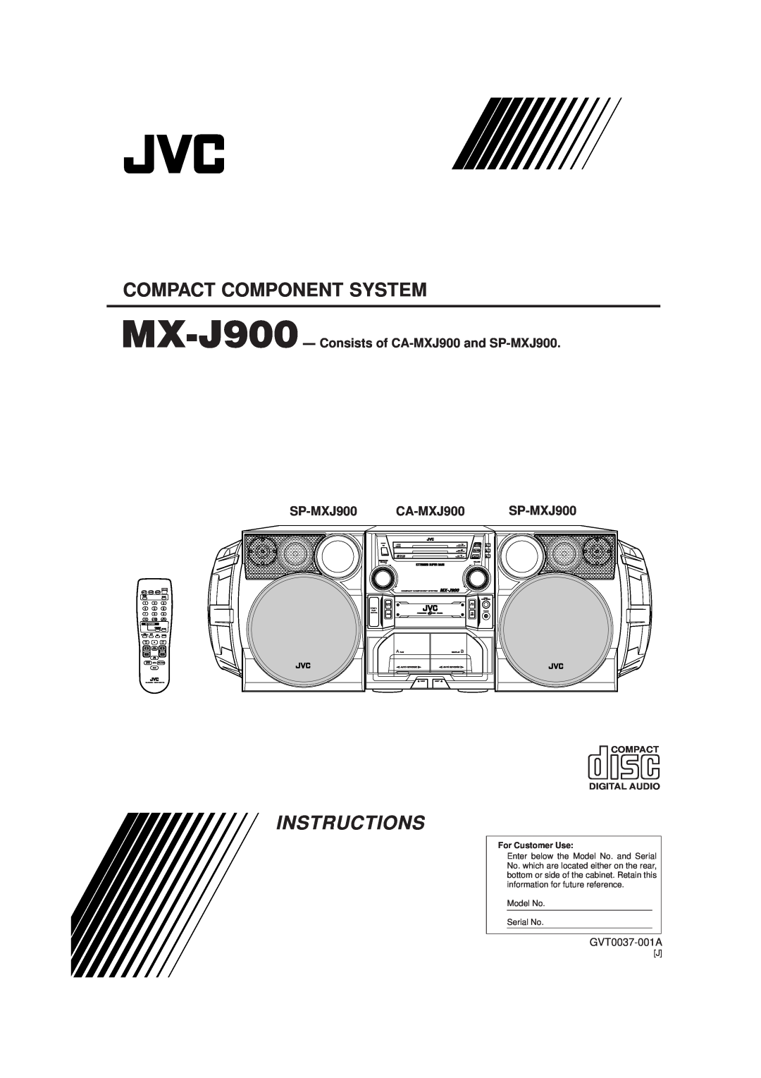 JVC manual Compact Component System, Instructions, MX-J900-Consists of CA-MXJ900and SP-MXJ900, GVT0037-001A 
