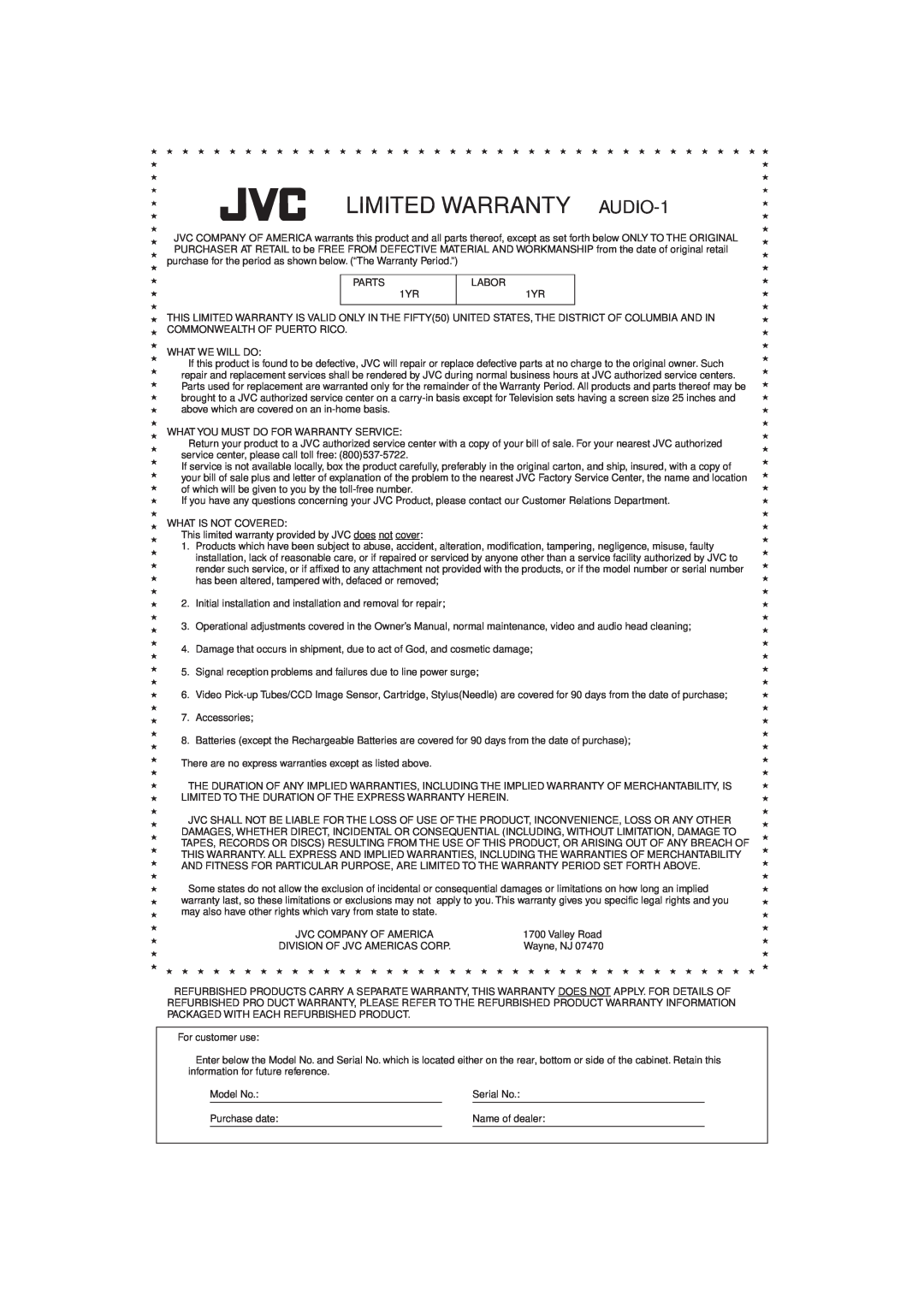 JVC MX-J900 manual LIMITED WARRANTY AUDIO-1 
