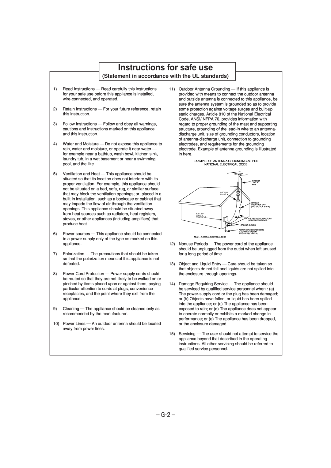 JVC MX-J900 manual Instructions for safe use, G-2, Statement in accordance with the UL standards 