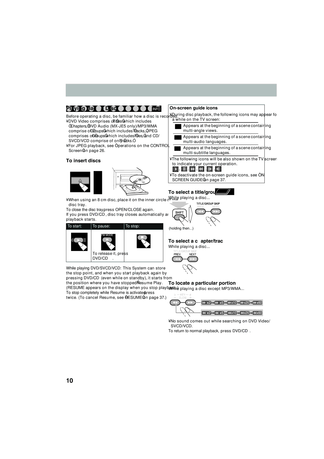 JVC MX-JE31, MX-JE5 manual Playing Back a Disc, To insert discs, To select a chapter/track, To locate a particular portion 