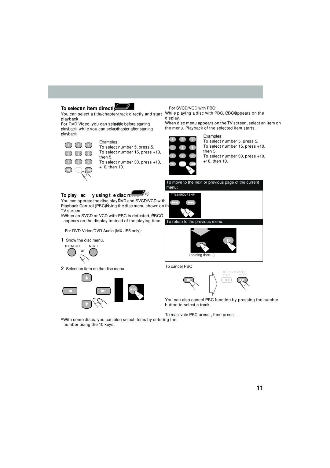 JVC MX-JE5, MX-JE31 To select an item directly, For SVCD/VCD with PBC, To play back by using the disc menu, To cancel PBC 