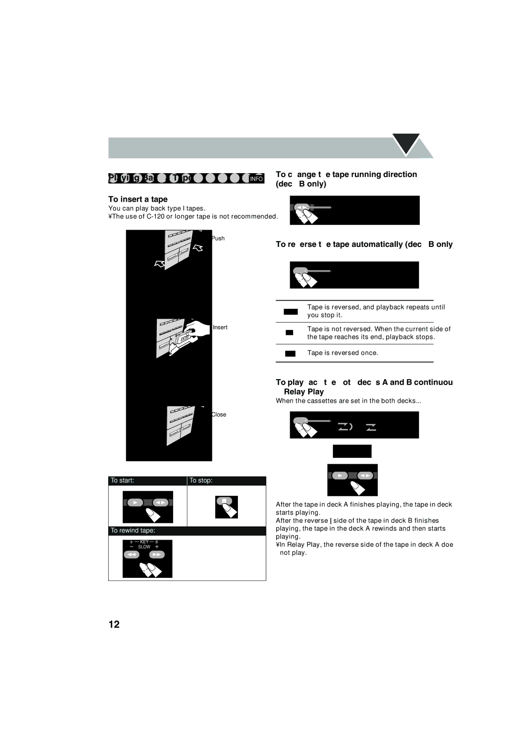 JVC GVT0145-001B, MX-JE31, MX-JE5 Playing Back a Tape, To insert a tape, To change the tape running direction deck B only 