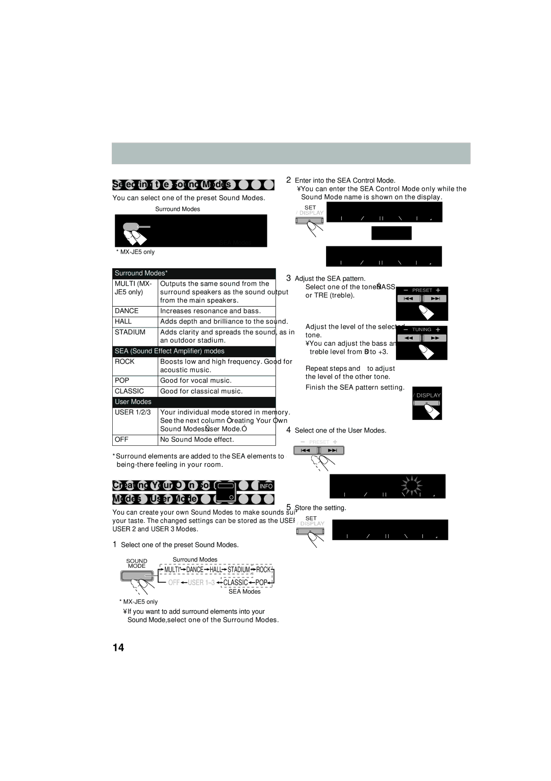 JVC MX-JE5, MX-JE31, GVT0145-001B Selecting the Sound Modes, Creating Your Own Sound, Modes-User Mode, JE5 only, User 1/2/3 