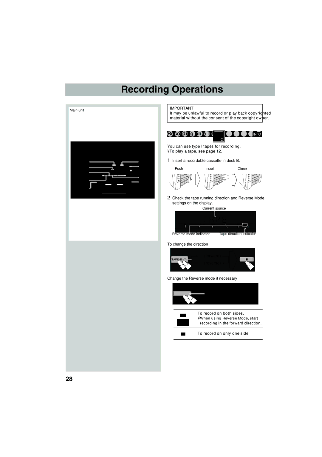 JVC MX-JE31, MX-JE5, GVT0145-001B Recording Operations, Insert a recordable cassette in deck B, To change the direction 