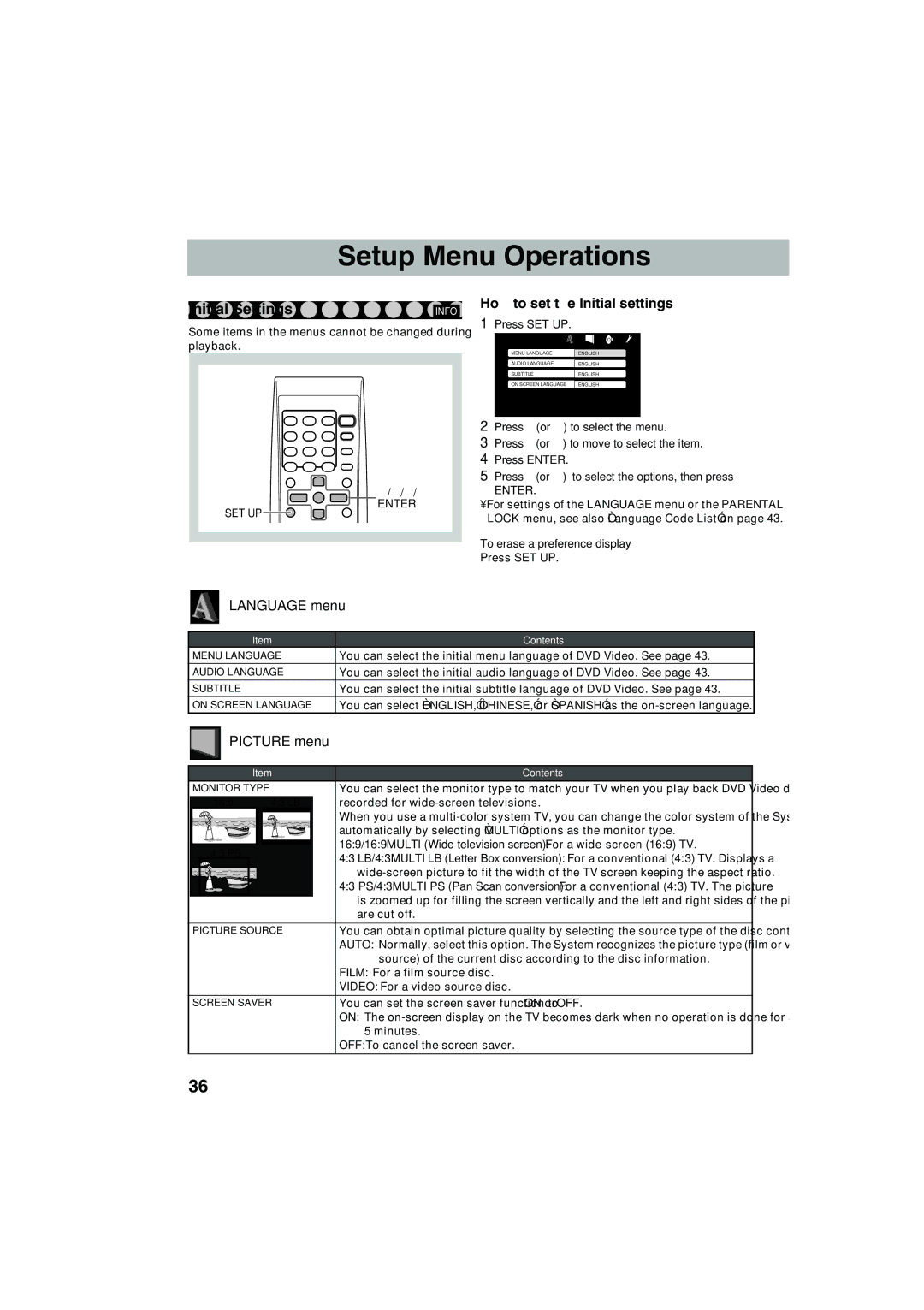 JVC GVT0145-001B, MX-JE31 manual Initial Settings, Picture menu, Language menu, Press SET UP, To erase a preference display 