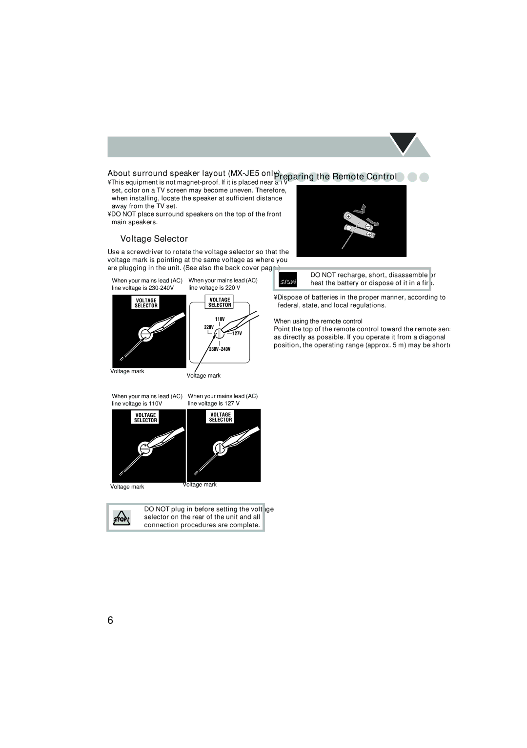 JVC GVT0145-001B, MX-JE31 manual ¤ Voltage Selector, Preparing the Remote Control, About surround speaker layout MX-JE5 only 