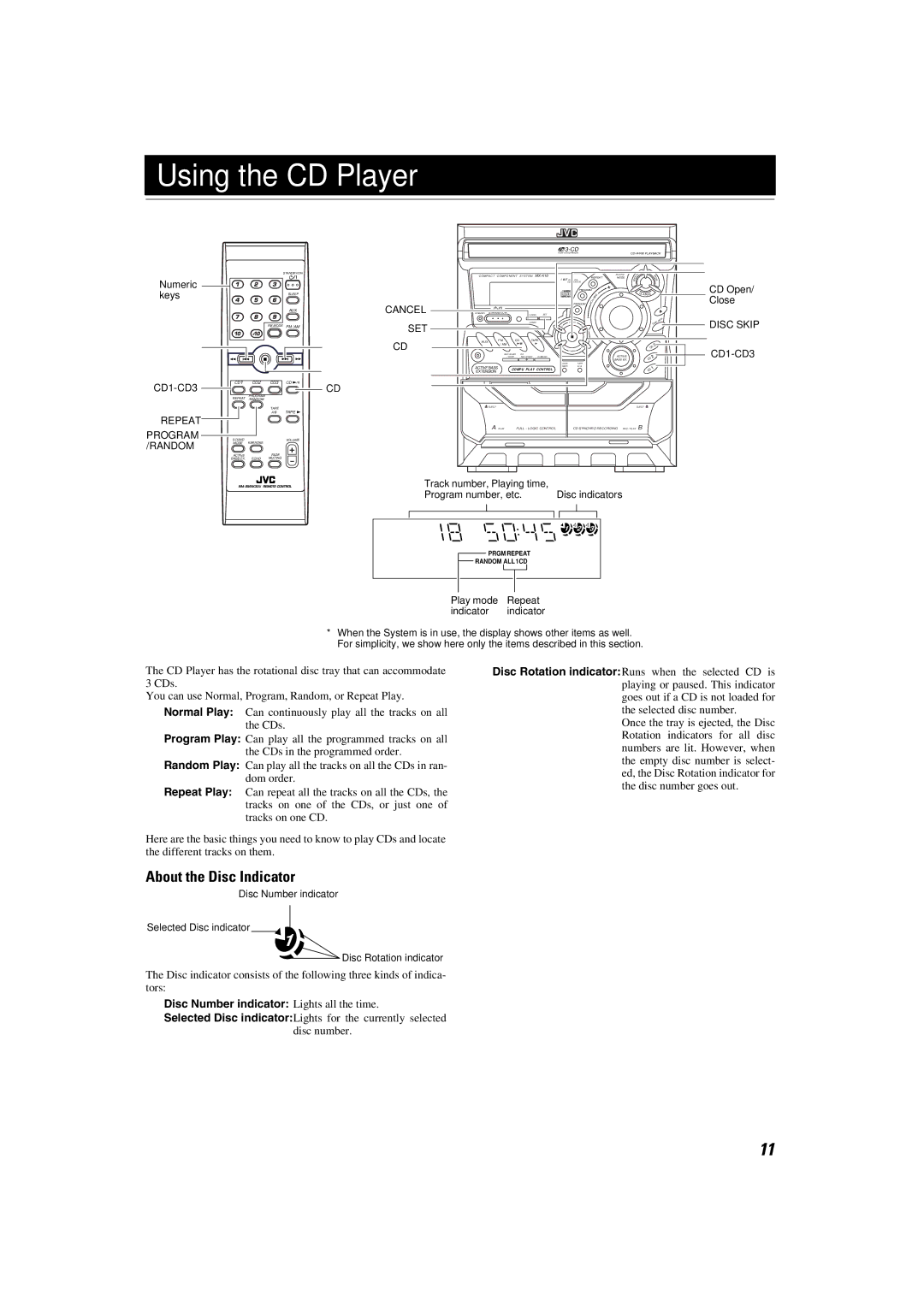 JVC MX-K10 manual Using the CD Player, About the Disc Indicator, Disc Number indicator Lights all the time 