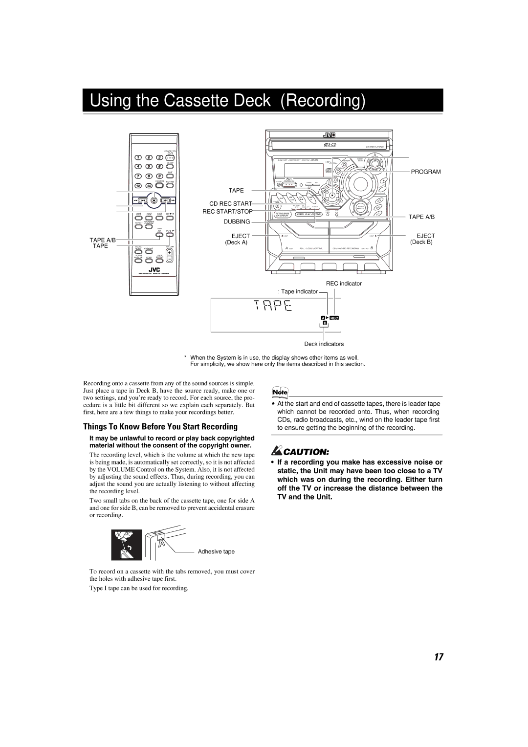 JVC MX-K10 manual Using the Cassette Deck Recording, Things To Know Before You Start Recording, Eject Deck a, Adhesive tape 