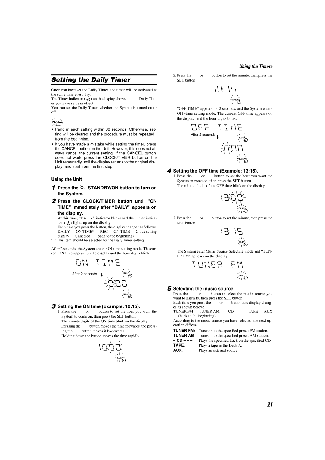 JVC MX-K10 Setting the Daily Timer, Setting the on time Example, Setting the OFF time Example, Selecting the music source 
