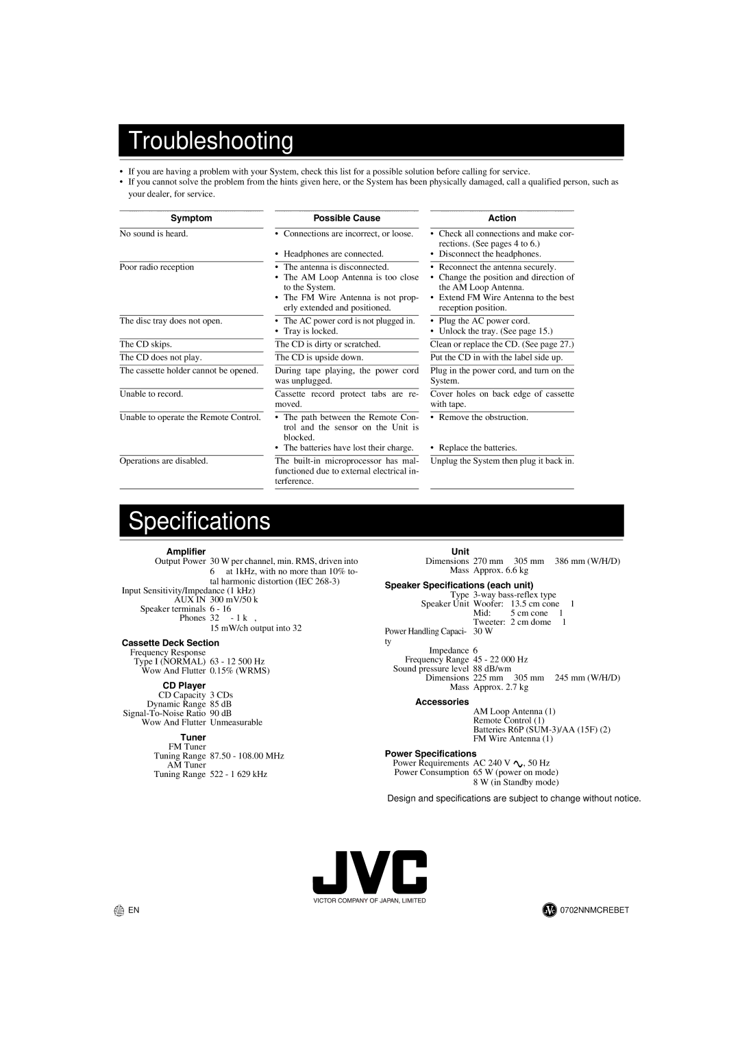 JVC MX-K10 manual Troubleshooting, Specifications 