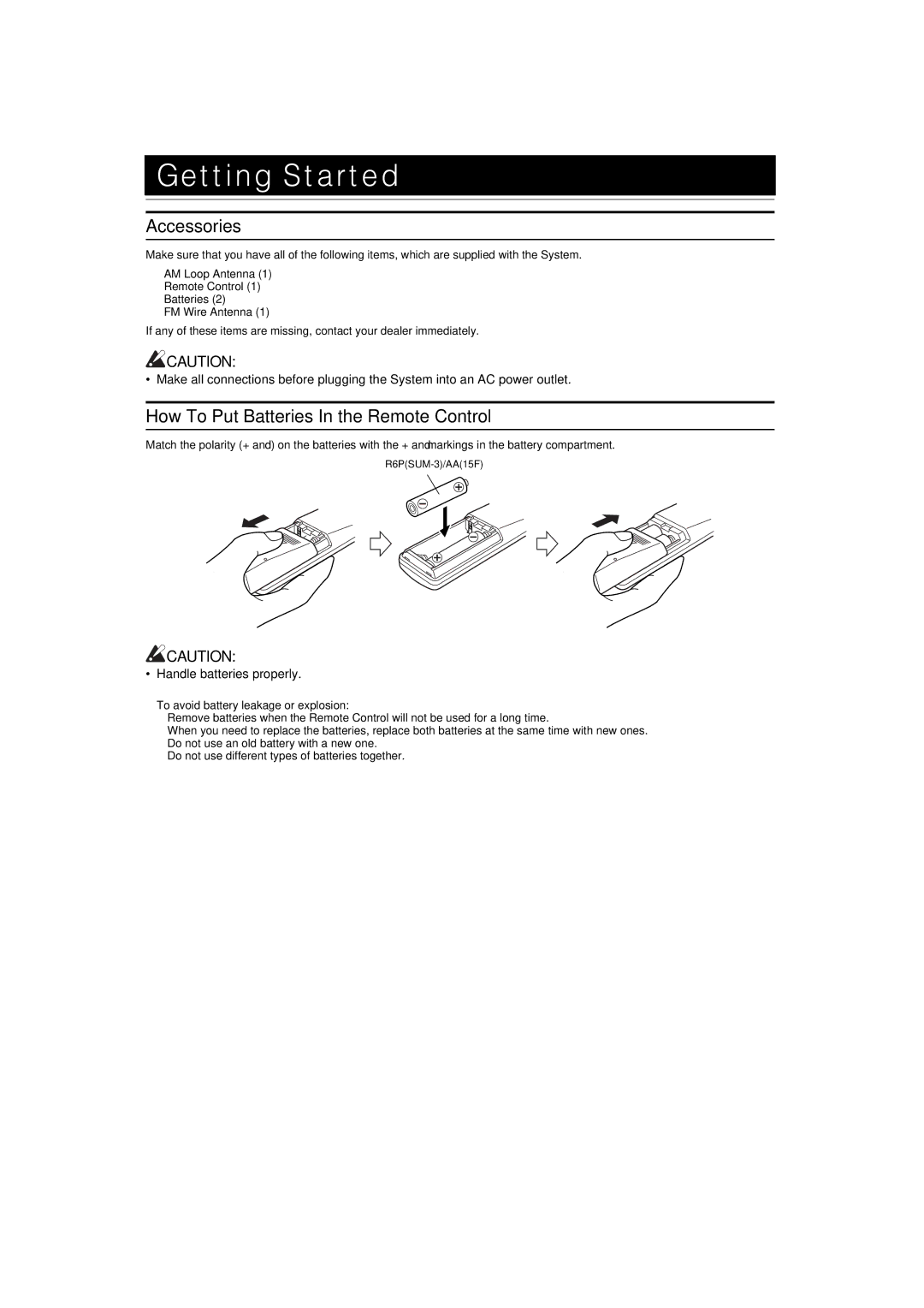 JVC MX-K10 manual Getting Started, Accessories, How To Put Batteries In the Remote Control, R6PSUM-3/AA15F 