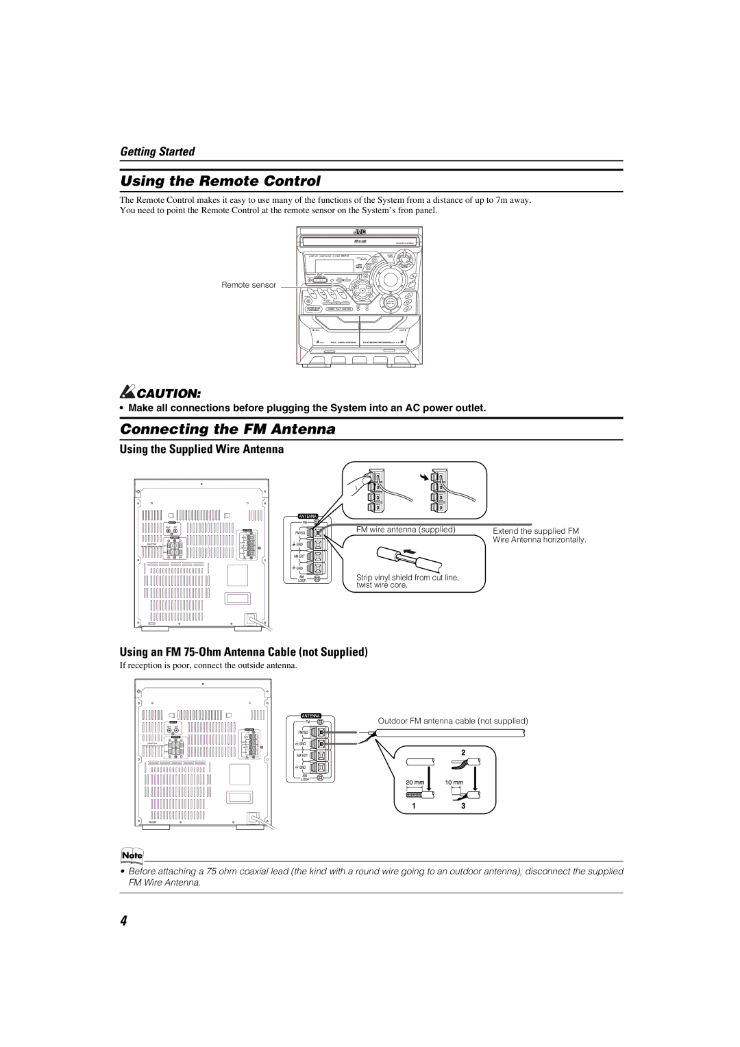 JVC MX-K10 manual Using the Remote Control, Connecting the FM Antenna, Using the Supplied Wire Antenna 