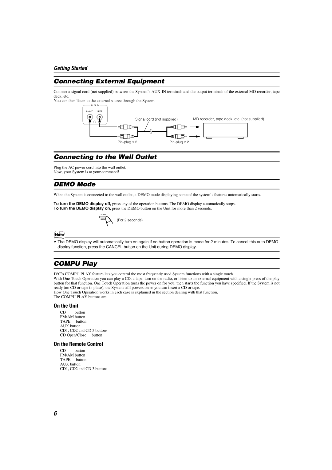 JVC MX-K10 manual Connecting External Equipment, Connecting to the Wall Outlet, Demo Mode, Compu Play 