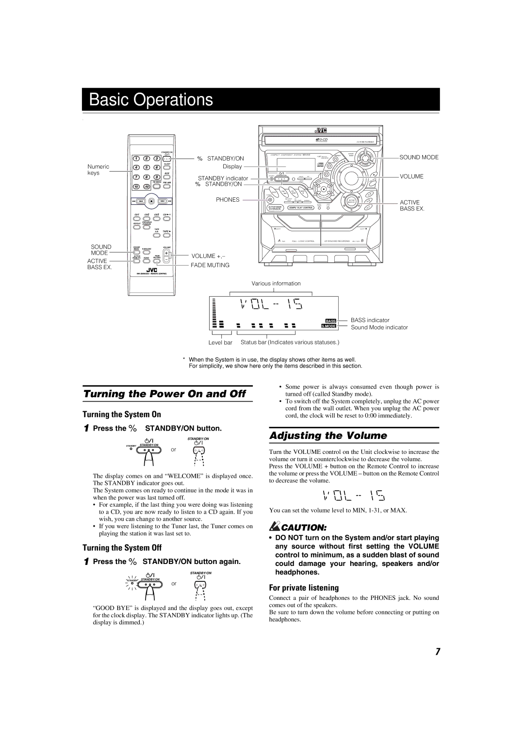 JVC MX-K10 manual Basic Operations, Turning the Power On and Off, Adjusting the Volume 