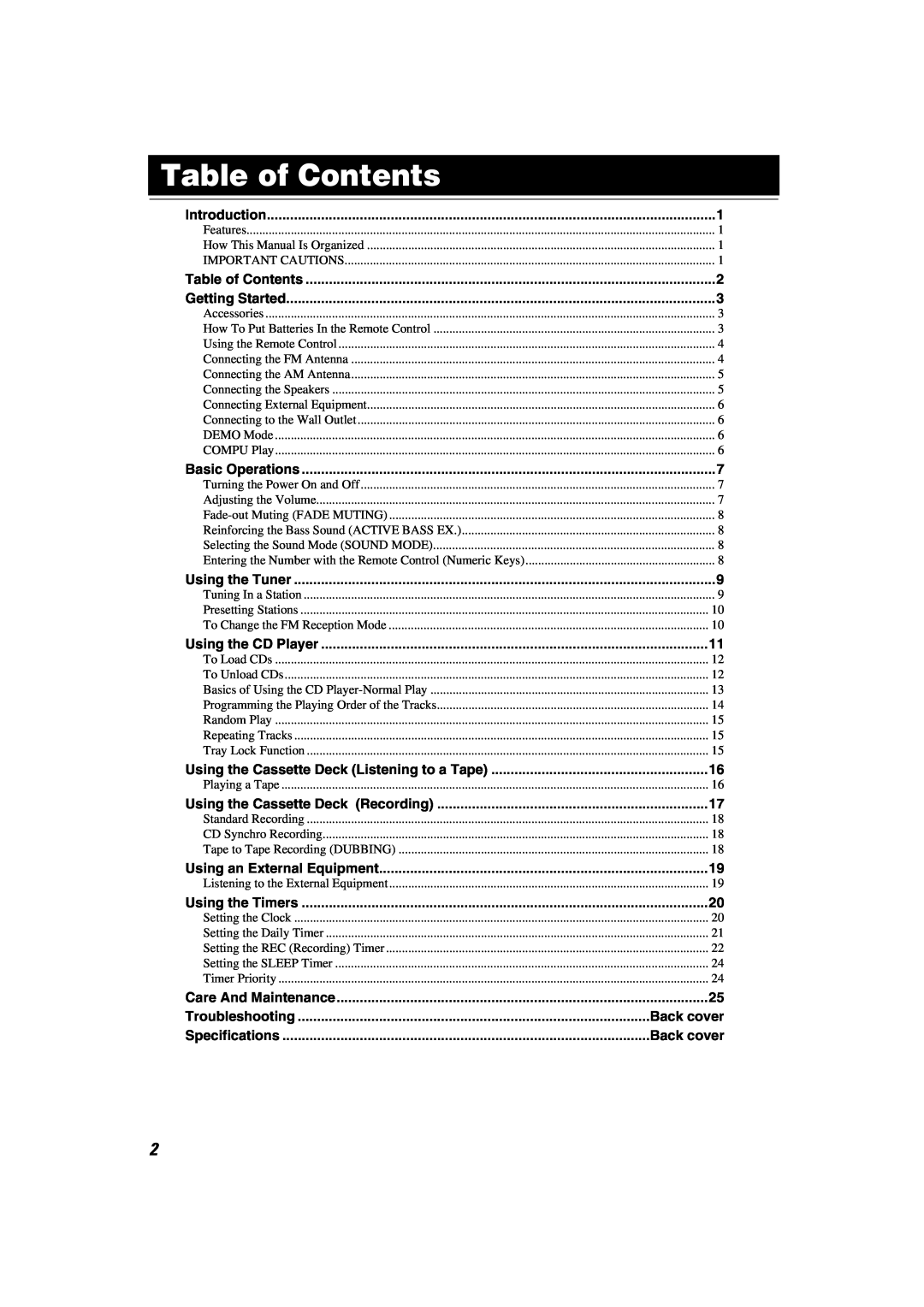 JVC MX-K10 manual Table of Contents, Troubleshooting, Specifications 