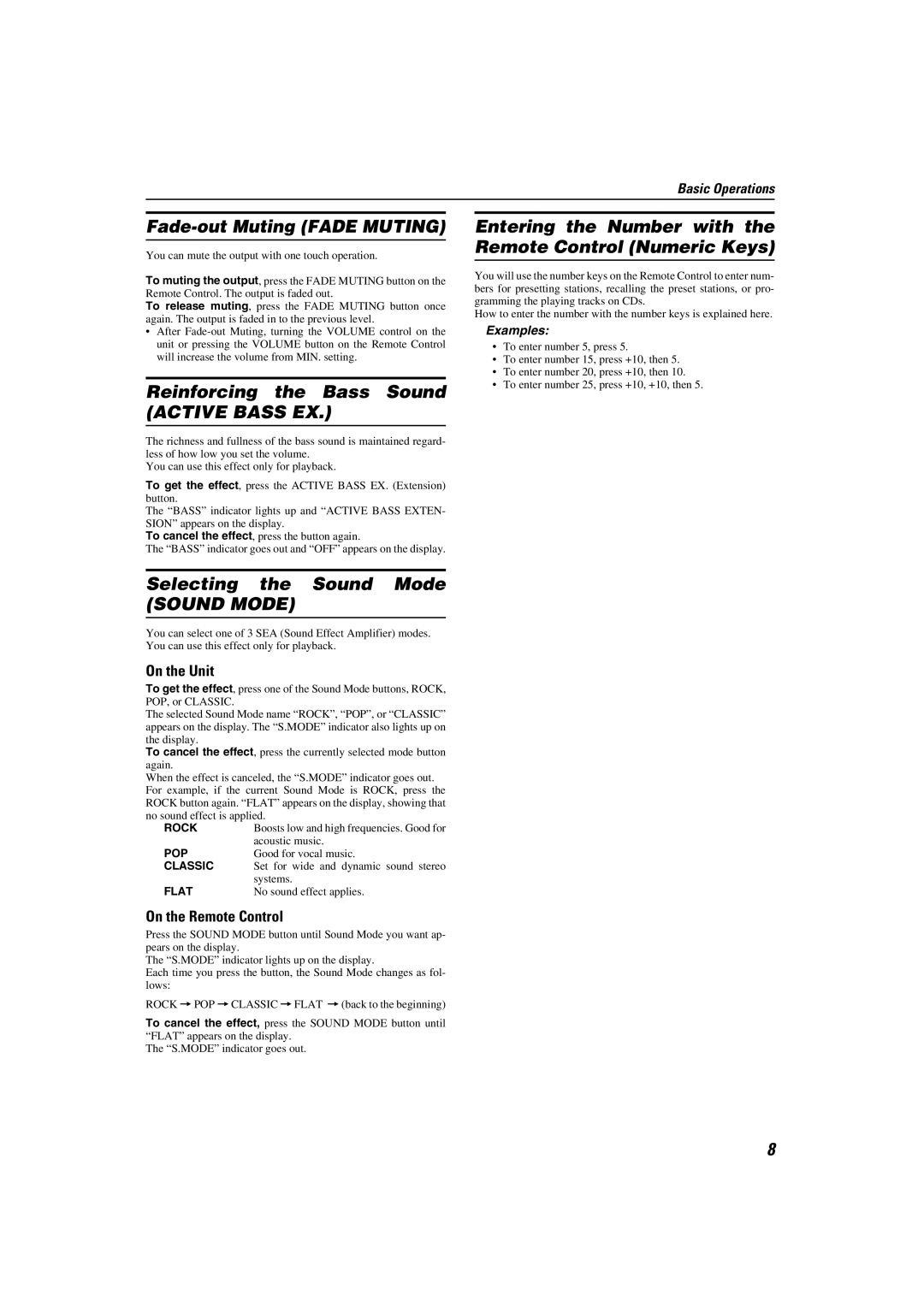 JVC MX-K30 manual Fade-out Muting Fade Muting, Reinforcing the Bass Sound Active Bass EX, Selecting the Sound Mode 